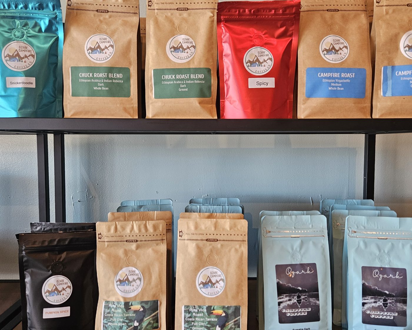 Bags of locally roasted coffee beans