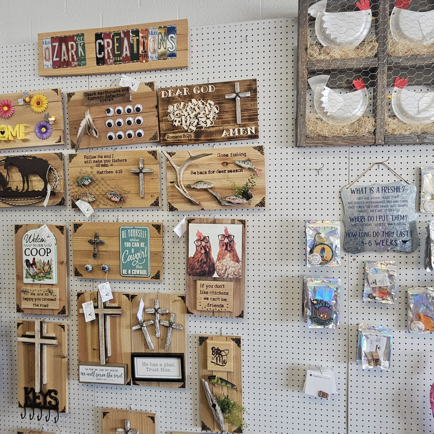 Gift and jewelry wall with local artisan pieces